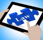 Law Tablet Means Justice And Legal Information Online Stock Photo