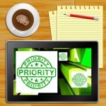 Priority On Cubes Shows Urgent Dispatch Tablet Stock Photo