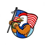 American Eagle Holding Burger And Usa Flag Mascot Stock Photo