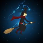 Halloween Witch Flying On Broom And Thunderbolt Stock Photo