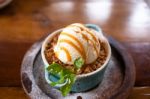 Apple Crumble Dessert With Ice Cream Stock Photo