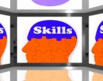 Skills On Brain On Screen Showing Human Competences Stock Photo