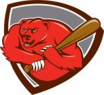 Grizzly Bear Baseball Player Batting Shield Cartoon Stock Photo