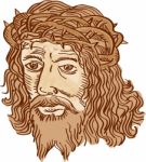 Jesus Christ Face Crown Thorns Etching Stock Photo