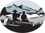 Two Trampers Sitting On Log Lake Mountain Oval Woodcut Stock Photo