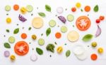 Food Pattern With Raw Ingredients Of Salad, Lettuce Leaves, Cucu Stock Photo