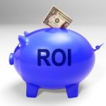 Roi Piggy Bank Means Investors Return And Income Stock Photo