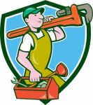 Plumber Carrying Monkey Wrench Toolbox Crest Stock Photo