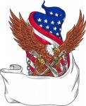 American Eagle Clutching Towing J Hook Flag Unfurled Drawing Stock Photo