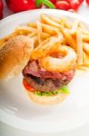 Classic Hamburger Sandwich And Fries Stock Photo