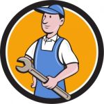 Repairman Holding Spanner Circle Cartoon Stock Photo