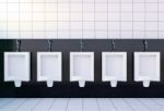 Public Men's Toilet Room Interior With White Urinals Row On White Tiles Wall And Floor, 3d Rendering Stock Photo
