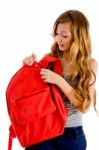 Girl Student Unzipping Bag Stock Photo