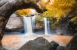 Amazing Beautiful Waterfalls In Autumn Deep Forest At Haew Suwat Waterfall In Khao Yai National Park, Thailand Stock Photo