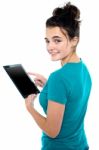 Young Lady Holding Tablet Pc Stock Photo