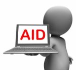 Aid Character Laptop Shows Assistance Aiding Helping Or Relief Stock Photo