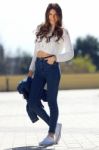 Young Beautiful Woman With Denim Suit Stock Photo