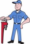 Plumber Standing Pipe Wrench Cartoon Stock Photo