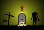 Halloween Gravestone Zombie Hand Headless Cross  Stock Photo