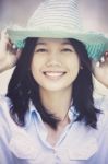 Woman Wearing Straw Hat Toothy Smiling Face Happiness Emotion Stock Photo