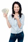 Pretty Woman Holding Up Fan Of Dollar Notes Stock Photo