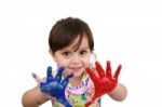 Cute Little Girl With Painted Hands. Isolated On White Backgroun Stock Photo