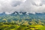 Rice Fields And Mountains In The Clouds Stock Photo