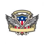 Crossed Wrench Army Wings American Flag Shield Stock Photo
