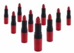 Red Lipsticks Army In White Background High Key Stock Photo