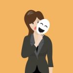 Fake Business Woman Holding A Smile Mask Stock Photo