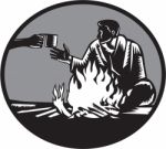 Camper Campfire Cup Of Coffee Circle Woodcut Stock Photo