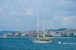 Istanbul, Turkey - May 24 : View Of A Yacht Sailing Up The Bosphorus In Istanbul Turkey On May 24, 2018. One Unidentified Person Stock Photo