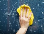 Female Hand Washes Tihe Tile On The Wall Stock Photo