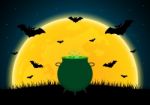 Halloween Witch Cauldron Moon Bat  Stock Photo