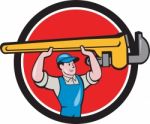 Plumber Lifting Monkey Wrench Circle Cartoon Stock Photo