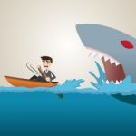 Cartoon Businessman Paddling Escape From Shark Stock Photo