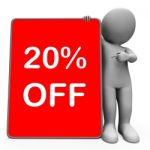 Twenty Percent Off Tablet Character Means 20% Reduction Or Sale Stock Photo