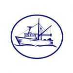 Commercial Fishing Boat Oval Woodcut Stock Photo