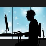 Computer Man Indicates Snow Flakes And Adult Stock Photo