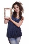 Woman Holding An Picture Frame Stock Photo