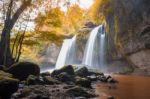 Amazing Beautiful Waterfalls In Autumn Deep Forest At Haew Suwat Waterfall In Khao Yai National Park, Thailand Stock Photo