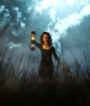 Survivor Woman Carrying An Axe In Field At Night,fantasy Horror Stock Photo