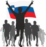 Athlete With The Slovenia Flag At The Finish Stock Photo