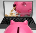 Coins Piggy Laptop Shows Banking Financial Success Stock Photo