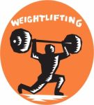 Weightlifter Lifting Weights Oval Woodcut Stock Photo