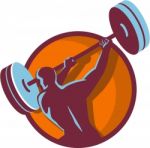 Weightlifter Swinging Barbell Rear Circle Retro Stock Photo