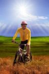 Young Man Wearing Yellow Bicycle Shirt  Riding Mountain Bike Mtb Stock Photo