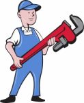 Mechanic Cradling Pipe Wrench Cartoon Stock Photo