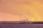 Power Plant And Cooling Towers At Dusk Stock Photo