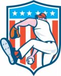 Baseball Pitcher Outfielder Throwing Ball Shield Cartoon Stock Photo